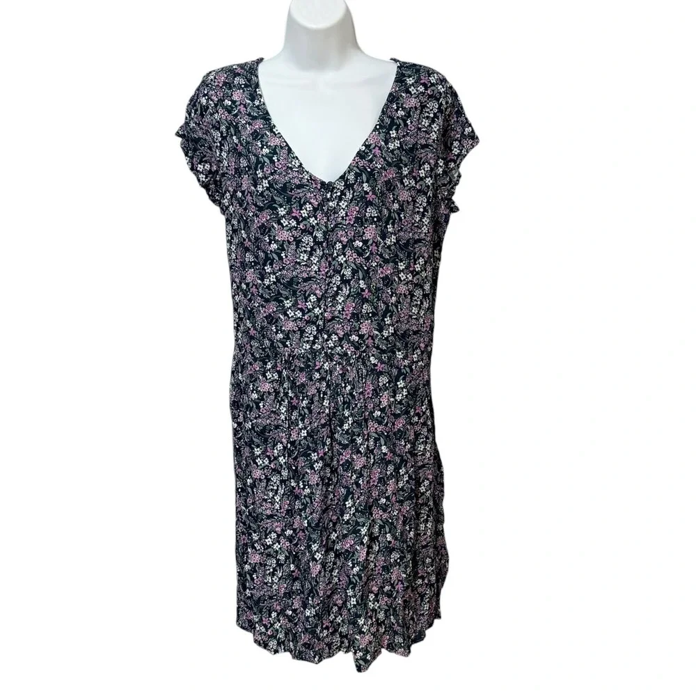 Garnet Hill Floral Lenzing Ecovero Viscose V-Neck Mini Dress Teal Purple Size M